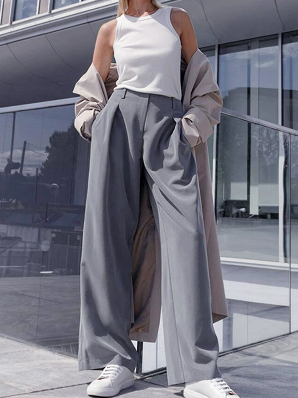 Zara High Waist Wide Leg Casual Dress Pants Grey Fall Draped Loose